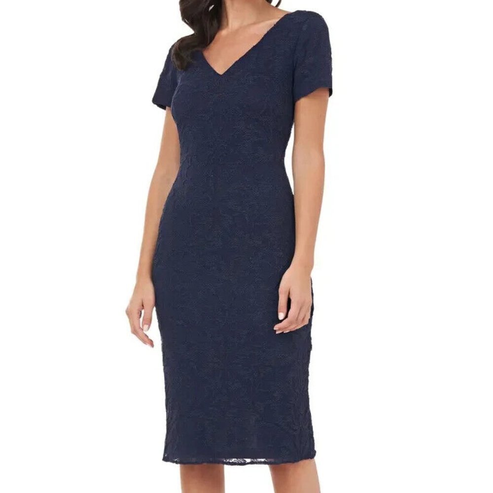 JS Collections Navy Blue Floral Jacquard Short Sleeve Cocktail Dress